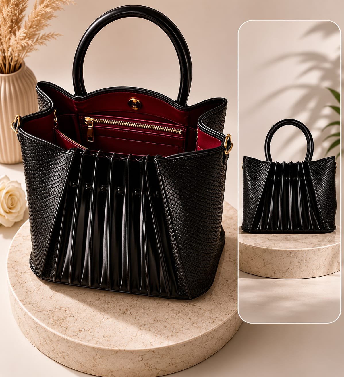 Sac Trapèze Cuir Verni Noir — Chaîne Dorée